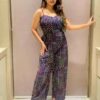 Navy Blue Beauty Printed Shoulder Strap Jumpsuit with Wide-Leg and Back Elastic