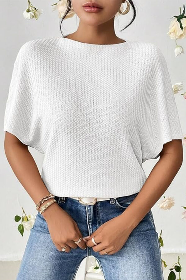 Women Fashion Fall Batwing Half Sleeve t Shirt for Woman Boat Neck Oversized Tunic Tops Casual Waffle Knit Tshirt Tops for Women - Image 3