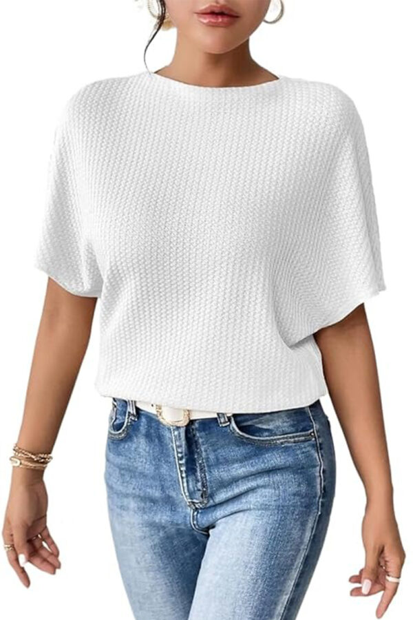 Women Fashion Fall Batwing Half Sleeve t Shirt for Woman Boat Neck Oversized Tunic Tops Casual Waffle Knit Tshirt Tops for Women