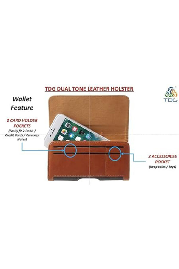 TDG® Dual Tone Faux Leather Pouch Holster Belt Clip Case with Belt Loop & Magnetic Flap Compatible for Apple iPhone Smartphones & Mobiles (Display 5 to 6.5 inches) (Brown, 6.7)